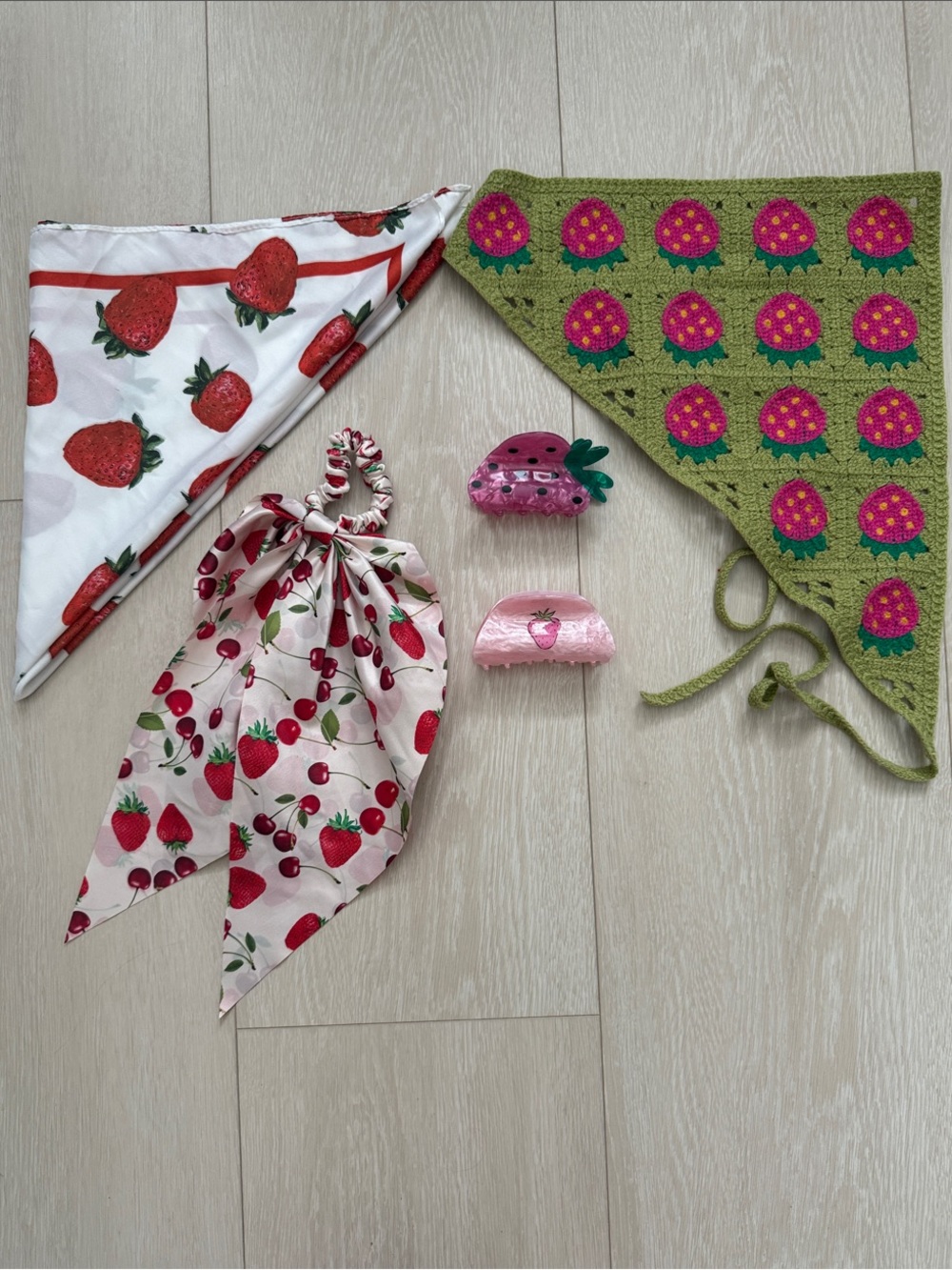 Set of 6 Strawberry & Cherry Hair Accessory - Pink and Green